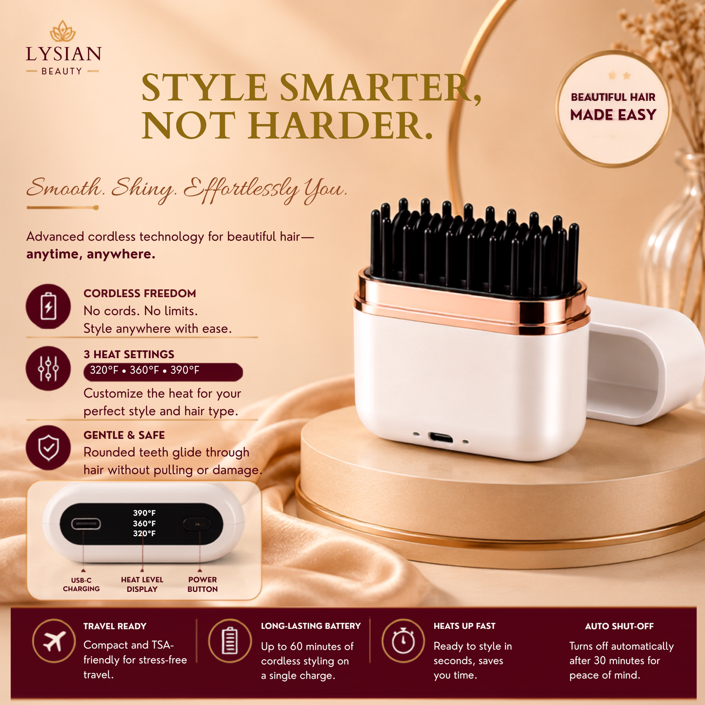 Mini Cordless Hair Straightening Brush Portable USB-C Rechargeable