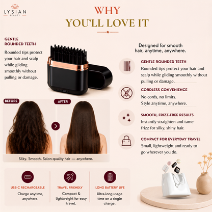 Mini Cordless Hair Straightening Brush Portable USB-C Rechargeable