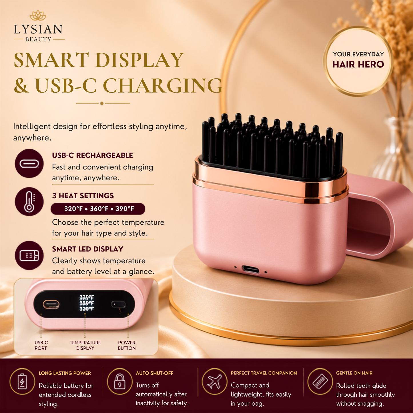 Mini Cordless Hair Straightening Brush Portable USB-C Rechargeable